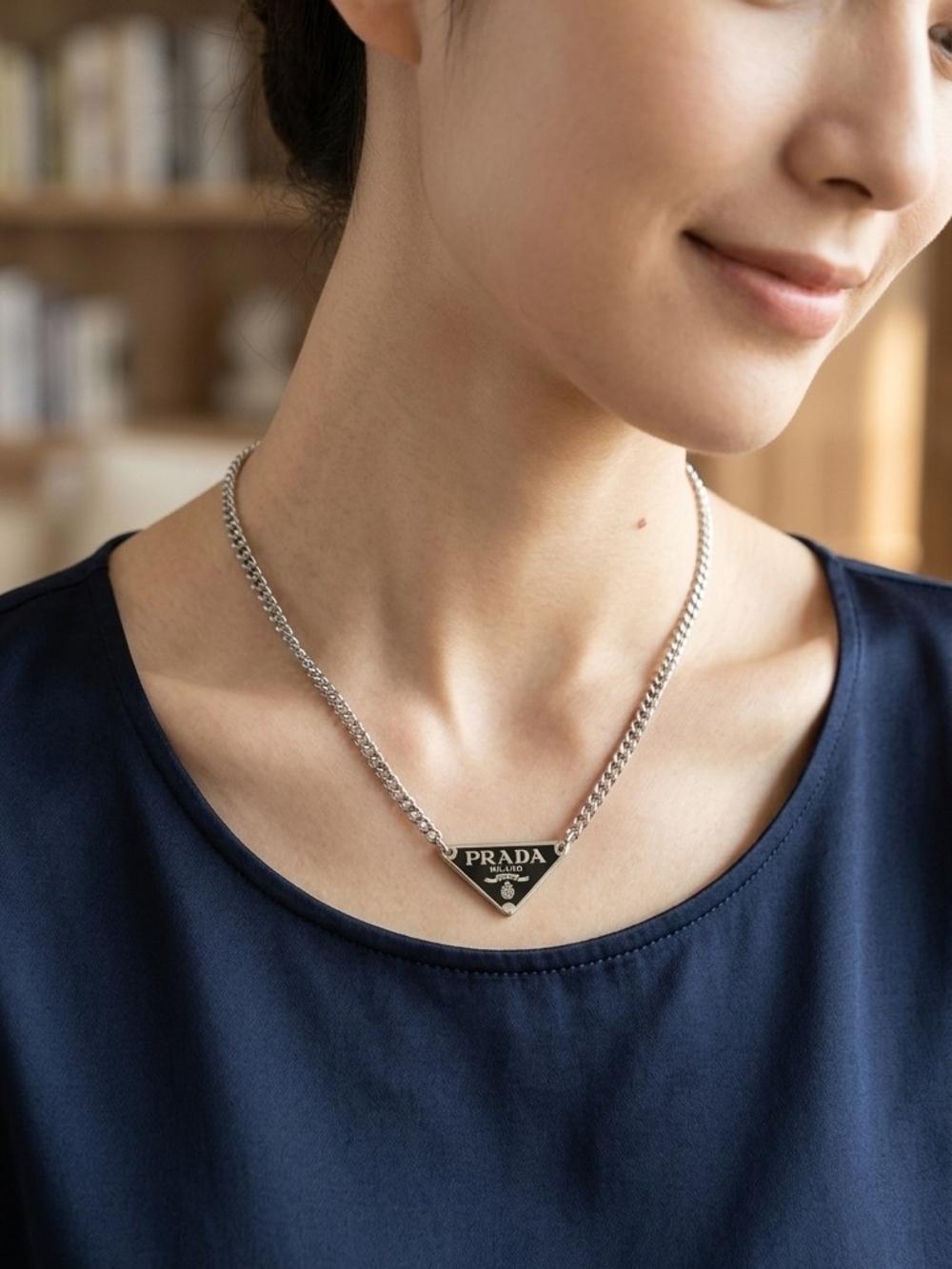 Prada Black & Silver Triangle Logo Necklace
